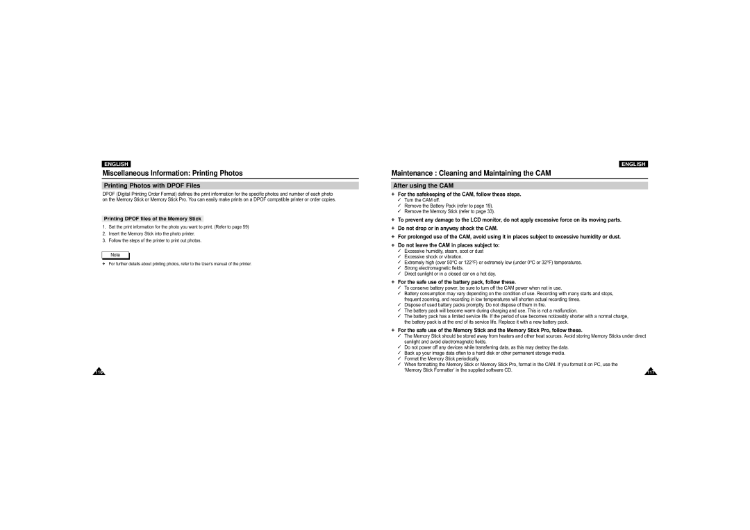 Samsung VP-M110R/XEF Maintenance Cleaning and Maintaining the CAM, Printing Photos with Dpof Files, After using the CAM 