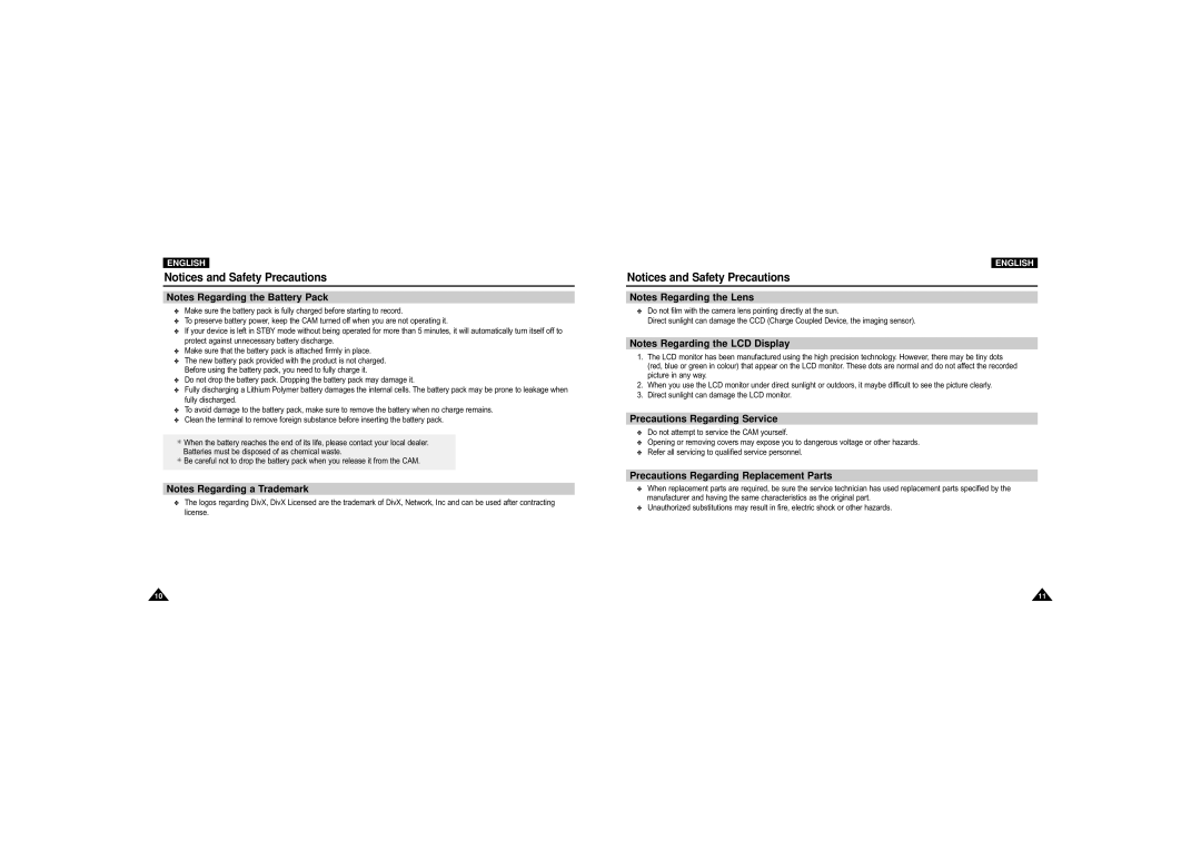 Samsung VP-M110SMEM, VP-M110S/XET, VP-M110S/XEF manual Precautions Regarding Service, Precautions Regarding Replacement Parts 