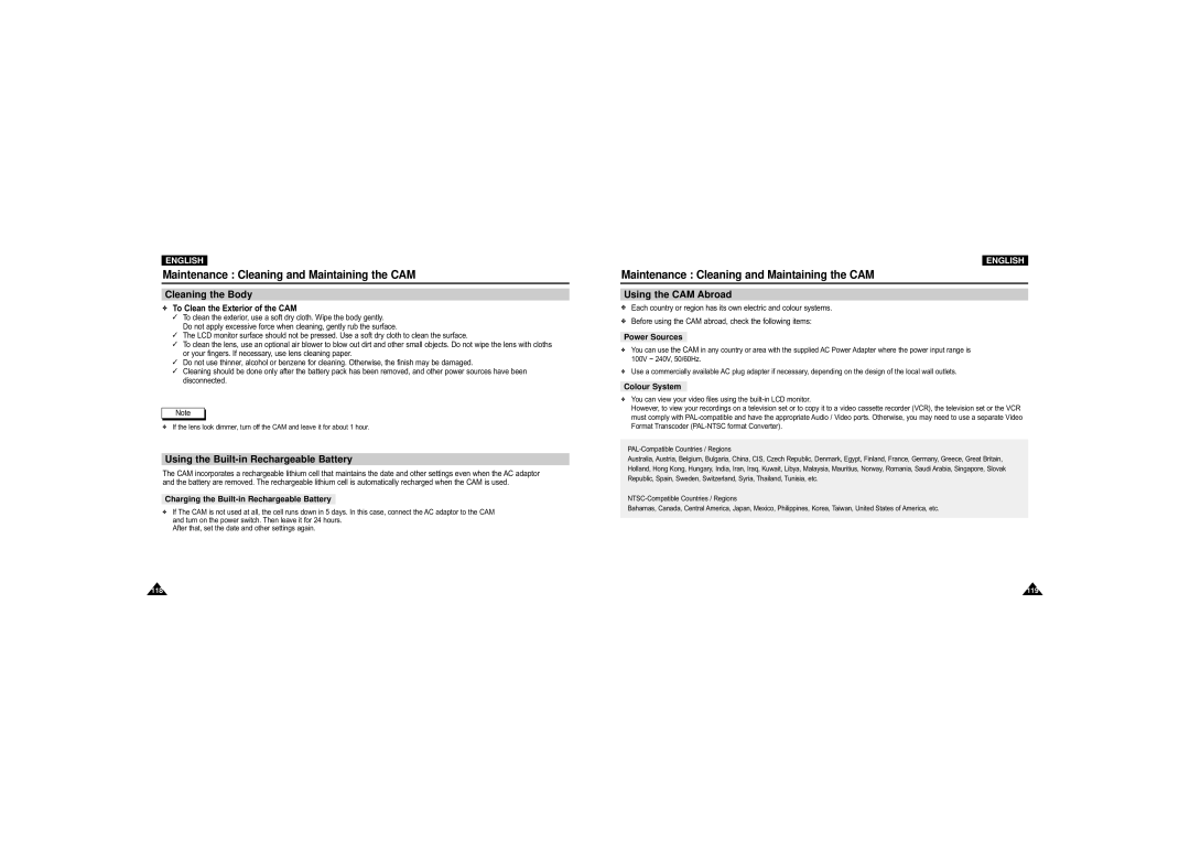 Samsung VP-X110L/XET, VP-M110S/XET manual Cleaning the Body, Using the Built-in Rechargeable Battery, Using the CAM Abroad 