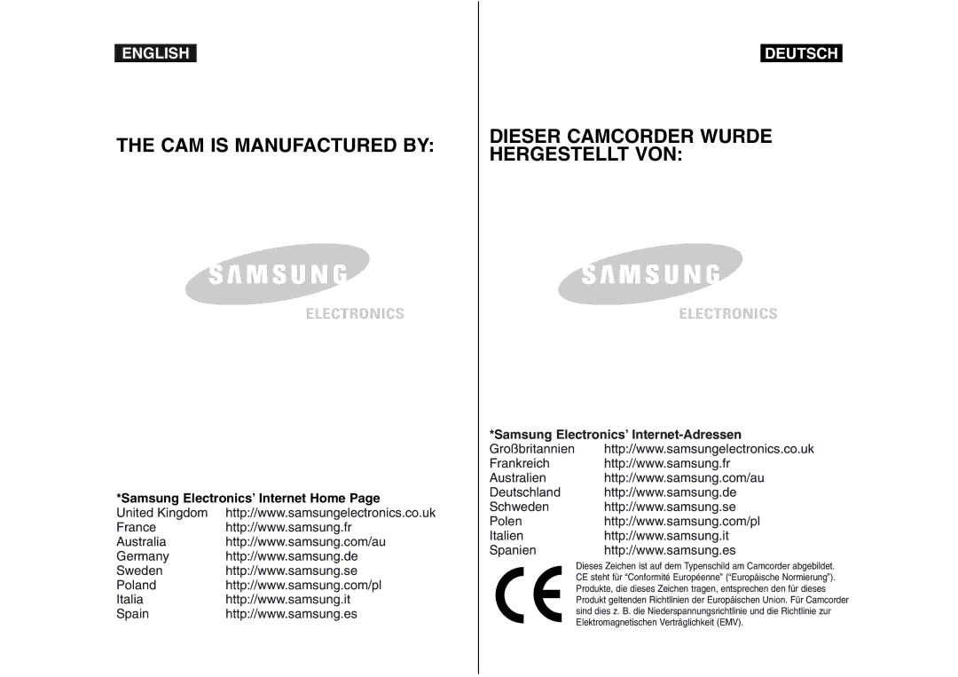 Samsung VP-M110S/XEF, VP-M110S/XET, VP-M110B/XEF, VP-X110L/XEF, VP-M110R/XEF, VP-X110L/XET manual CAM is Manufactured by 