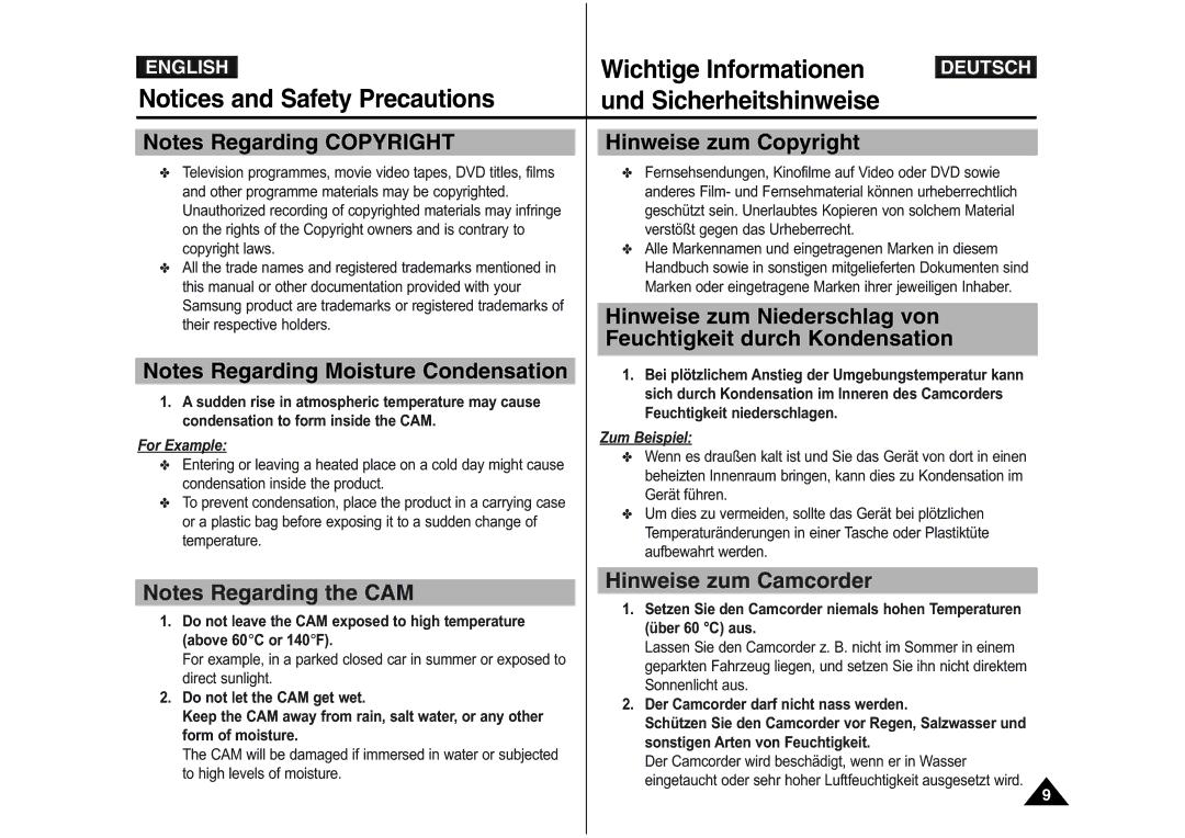 Samsung VP-X110L/XEC, VP-M110S/XET, VP-M110S/XEF Wichtige Informationen, Hinweise zum Copyright, Hinweise zum Camcorder 