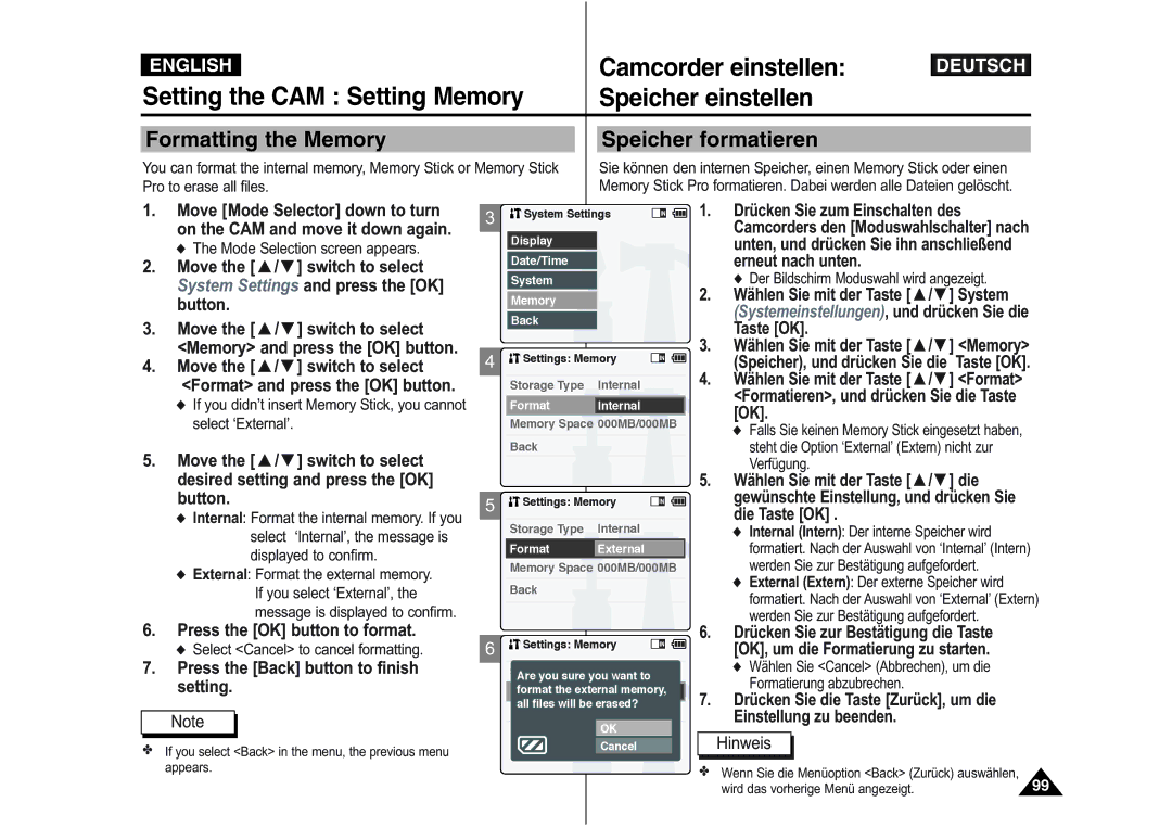 Samsung VP-M105R/SEO, VP-M110S/XET, VP-M110S/XEF Formatting the Memory, Speicher formatieren, Press the OK button to format 