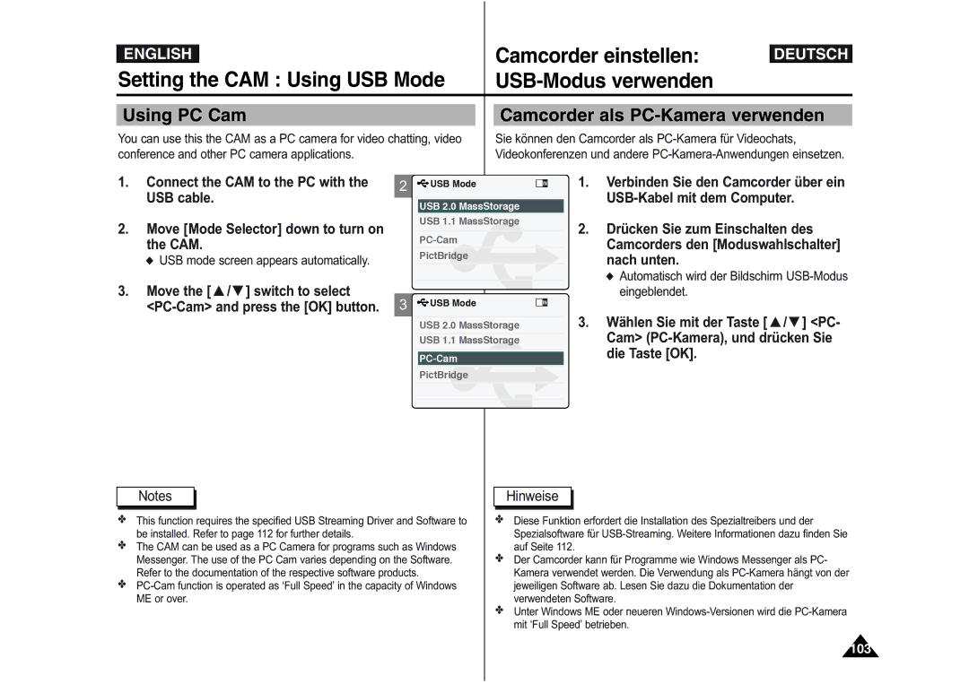 Samsung VP-M110B/XEV, VP-M110S/XET Using PC Cam Camcorder als PC-Kamera verwenden, USB mode screen appears automatically 