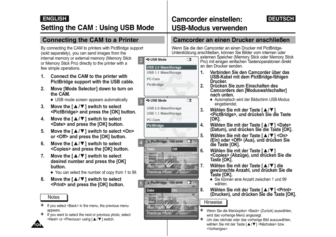 Samsung VP-M105B/XEV manual Connecting the CAM to a Printer, Move the / switch to select Print and press the OK button 