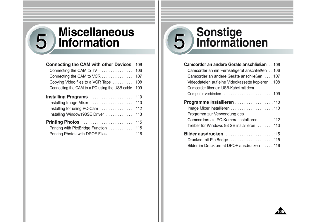 Samsung VP-M110R/XEV, VP-M110S/XET, VP-M110S/XEF, VP-M110B/XEF, VP-X110L/XEF, VP-M110R/XEF manual Miscellaneous Information 