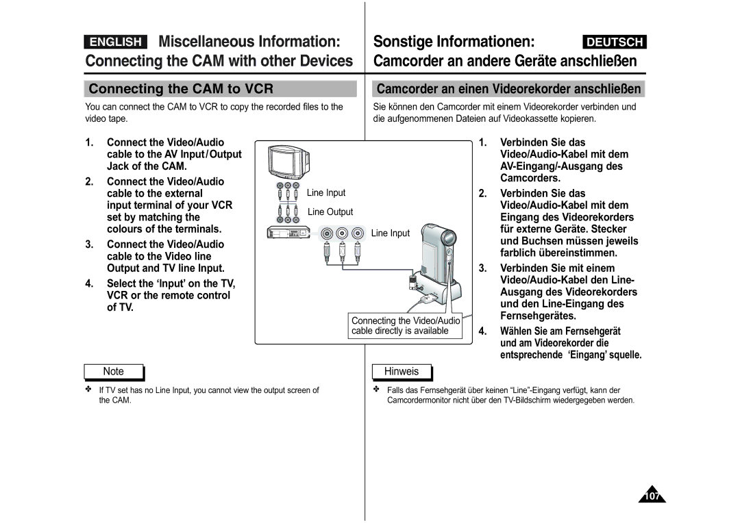 Samsung VP-M110B/EUR manual Connecting the CAM to VCR, Camcorder an einen Videorekorder anschließen, Line Input Line Output 