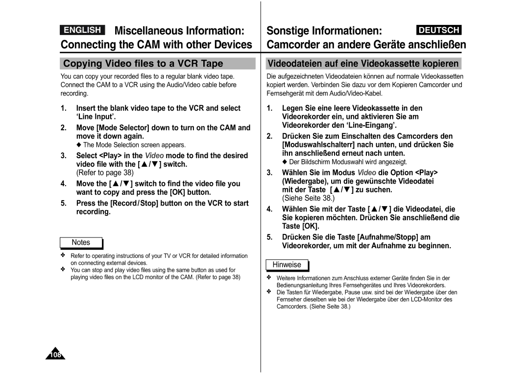 Samsung VP-X110L/XEG manual Copying Video files to a VCR Tape, Connect the CAM to a VCR using the Audio/Video cable before 