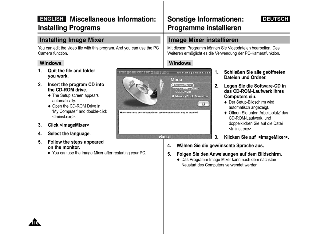 Samsung VP-M110S/XEF, VP-M110S/XET manual Miscellaneous Information, Installing Programs Programme installieren, Windows 