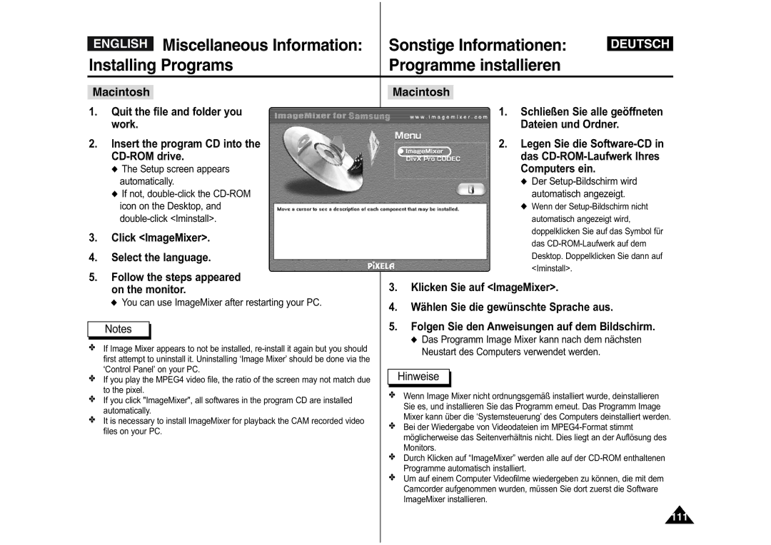 Samsung VP-M110B/XEF, VP-M110S/XET, VP-M110S/XEF, VP-X110L/XEF Macintosh, You can use ImageMixer after restarting your PC 