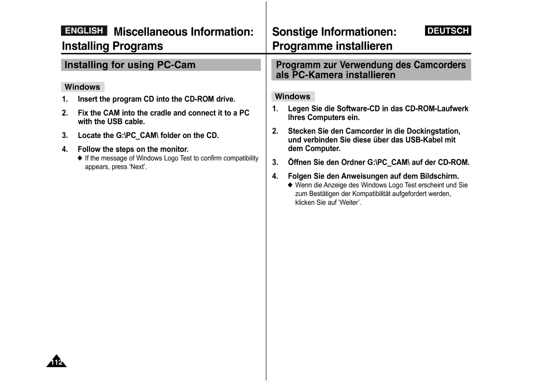 Samsung VP-X110L/XEF, VP-M110S/XET, VP-M110S/XEF, VP-M110B/XEF manual Installing for using PC-Cam, Als PC-Kamera installieren 