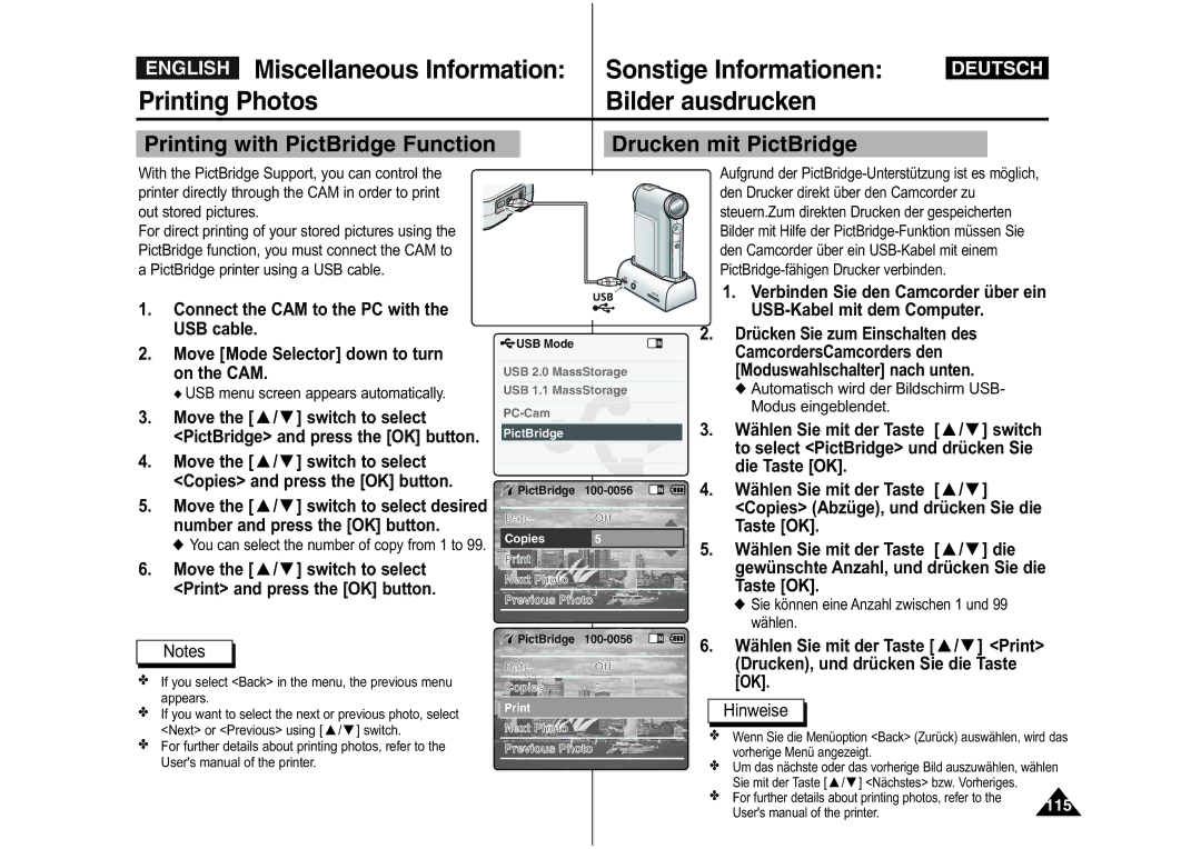 Samsung VP-M110SMEM manual Printing Photos Bilder ausdrucken, Printing with PictBridge Function Drucken mit PictBridge 