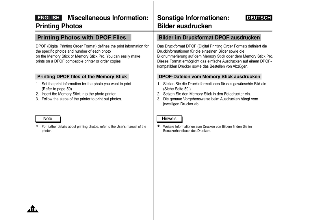 Samsung VP-M110BMEM, VP-M110S/XET, VP-M110S/XEF Printing Photos with Dpof Files, Printing Dpof files of the Memory Stick 