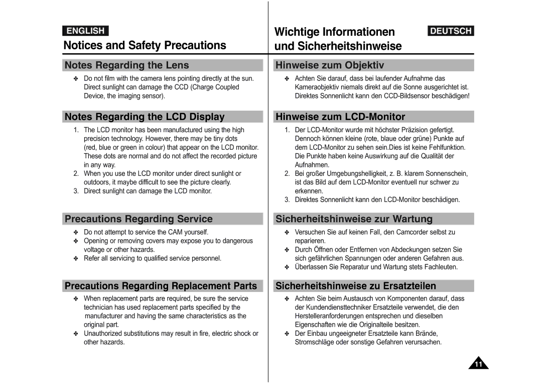 Samsung VP-M110R/XEC, VP-M110S/XET manual Hinweise zum Objektiv, Hinweise zum LCD-Monitor, Precautions Regarding Service 