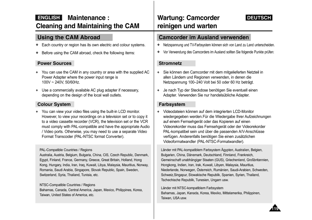 Samsung VP-X110L/XEC, VP-M110S/XET, VP-M110S/XEF Using the CAM Abroad, Power Sources, Stromnetz, Colour System, Farbsystem 