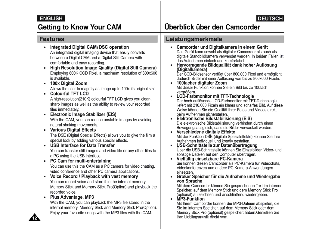 Samsung VP-M105S/XEC, VP-M110S/XET manual Getting to Know Your CAM Überblick über den Camcorder, Features, Leistungsmerkmale 