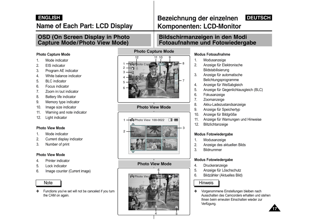 Samsung VP-M110S/UMG, VP-M110S/XET, VP-M110S/XEF, VP-M110B/XEF, VP-X110L/XEF, VP-M110R/XEF Photo Capture Mode, Photo View Mode 