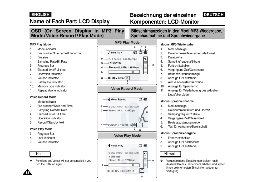 Samsung VP-M110R/KNT, VP-M110S/XET, VP-M110S/XEF, VP-M110B/XEF, VP-M110SMEM MP3 Play Mode, Voice Record Mode, Voice Play Mode 