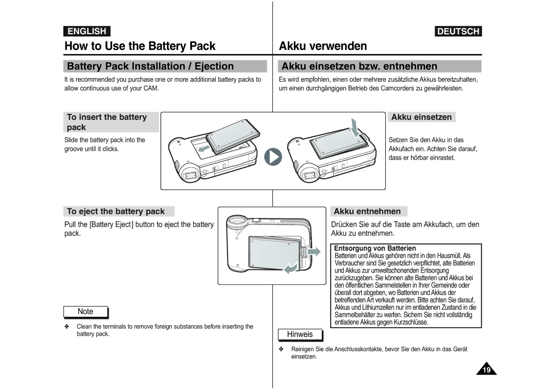 Samsung VP-M110S/AND, VP-M110S/XET manual How to Use the Battery Pack Akku verwenden, Battery Pack Installation / Ejection 