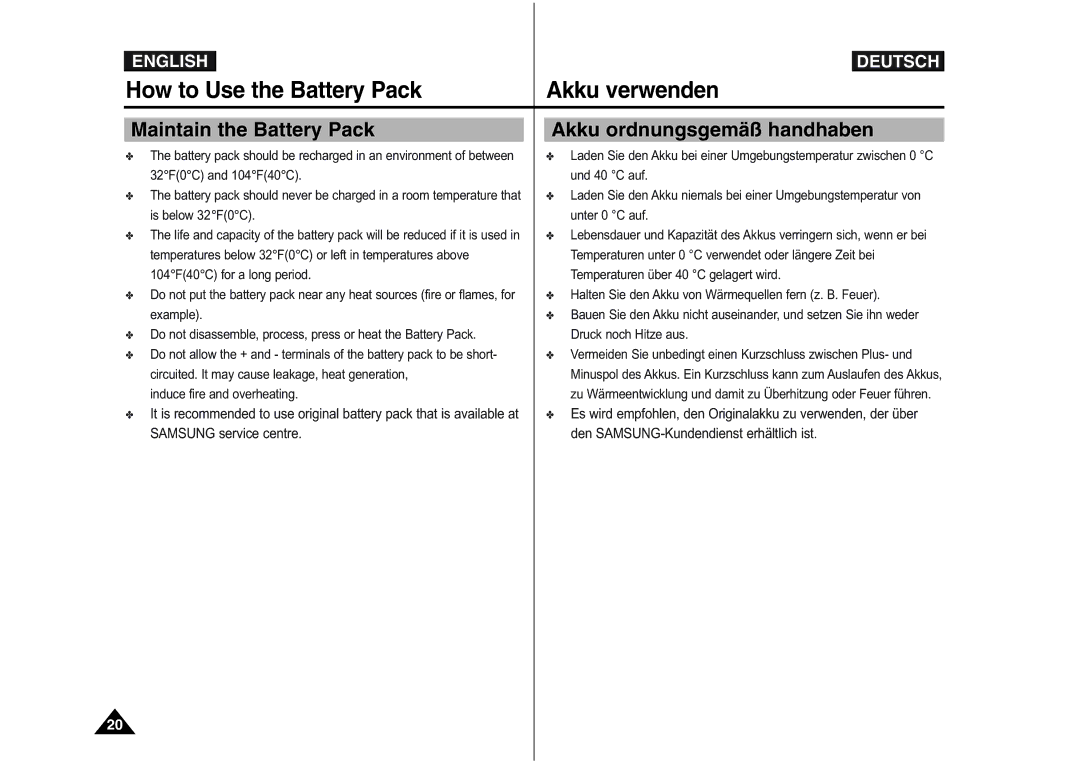 Samsung VP-X110L/AFR, VP-M110S/XET, VP-M110S/XEF, VP-M110B/XEF manual Maintain the Battery Pack, Akku ordnungsgemäß handhaben 