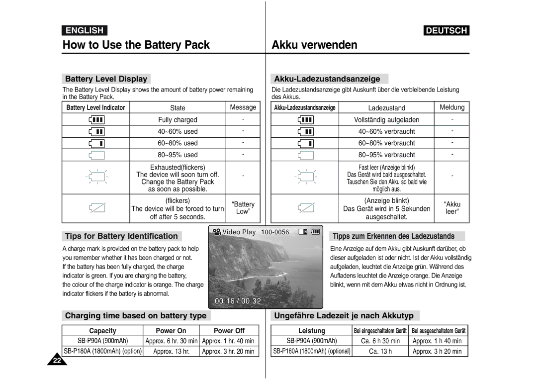 Samsung VP-M110S/XSG, VP-M110S/XET manual Battery Level Display Akku-Ladezustandsanzeige, Tips for Battery Identification 