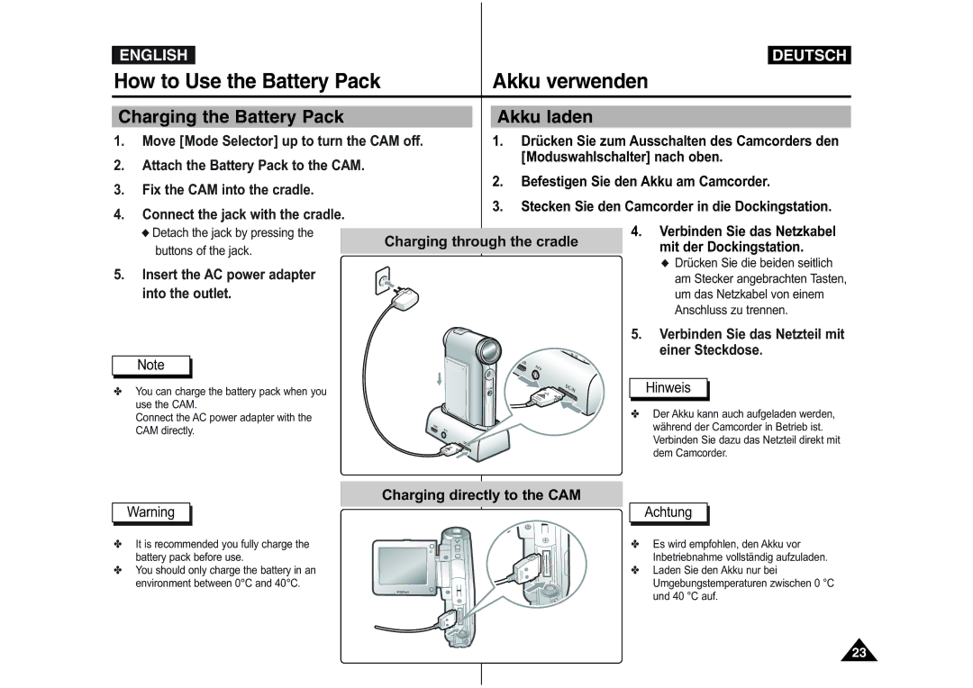 Samsung VP-M110S/FES, VP-M110S/XET, VP-M110S/XEF, VP-M110B/XEF, VP-X110L/XEF manual Charging the Battery Pack, Akku laden 