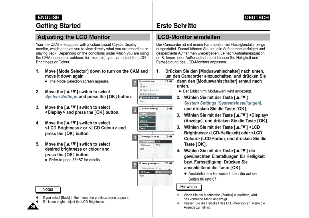 Samsung VP-X110L/KNT, VP-M110S/XET, VP-M110S/XEF, VP-M110B/XEF, VP-X110L/XEF Adjusting the LCD Monitor LCD-Monitor einstellen 