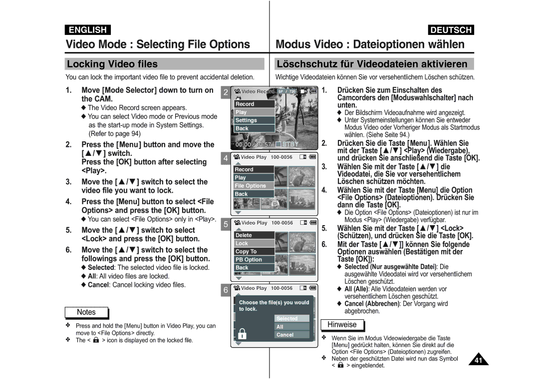 Samsung VP-M110S/XEE manual Locking Video files, Löschschutz für Videodateien aktivieren, Video file you want to lock 