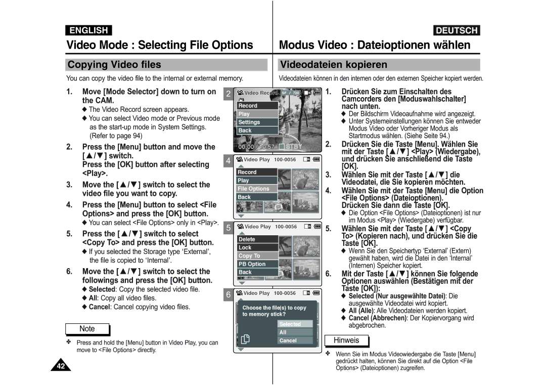 Samsung VP-M105S/SEO Copying Video files Videodateien kopieren, Video file you want to copy, Press the / switch to select 