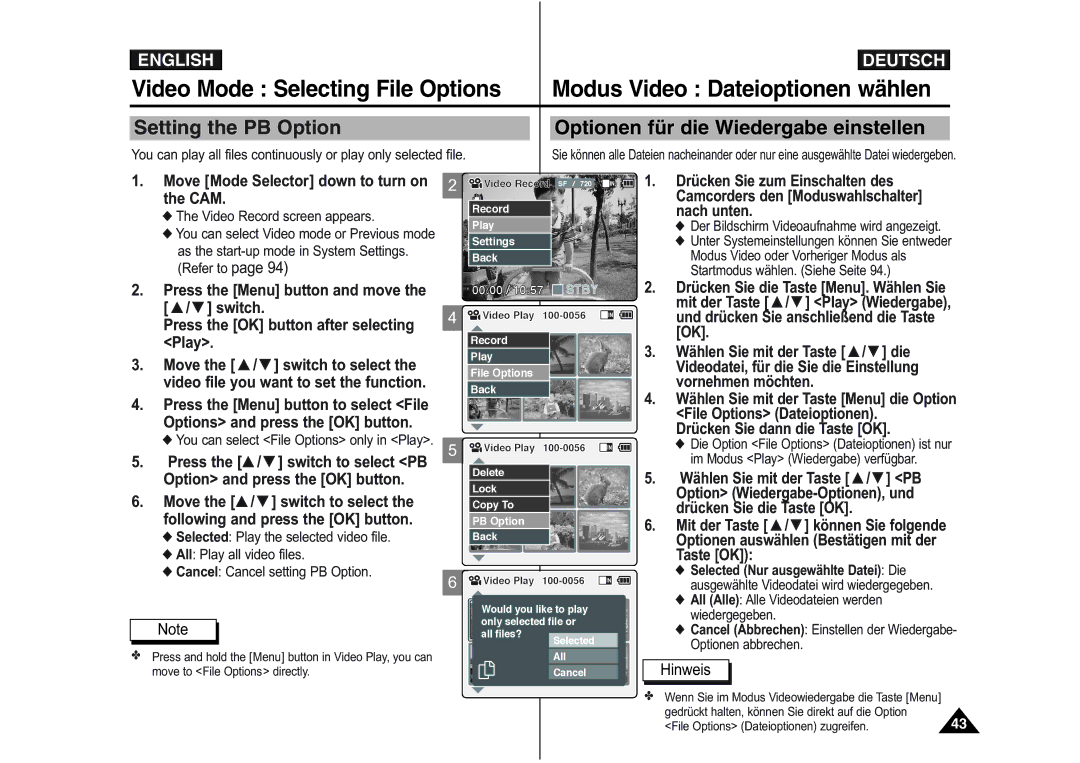 Samsung VP-M105B/SEO, VP-M110S/XET, VP-M110S/XEF Video file you want to set the function, Press the / switch to select PB 