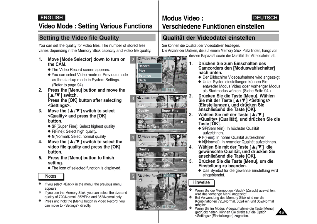 Samsung VP-M105R/XEV manual Drücken Sie zum Einschalten des CAM, Einstellungen, und drücken Sie Move the / switch to select 