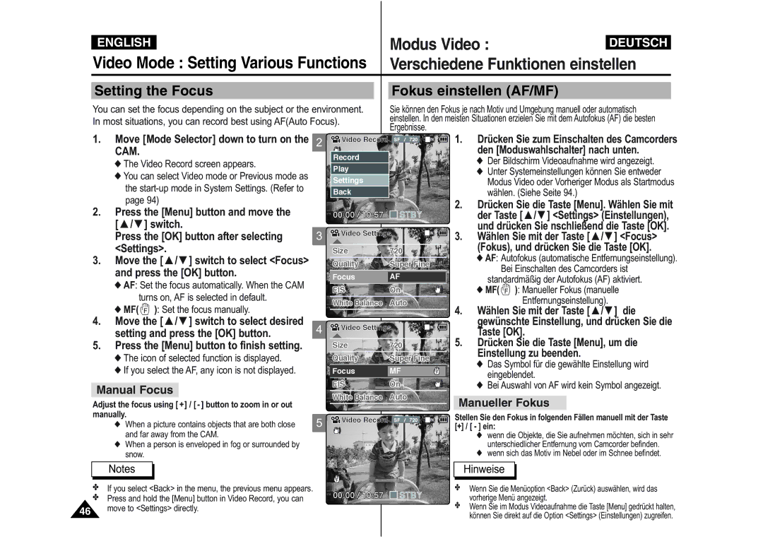 Samsung VP-M110S/XEV, VP-M110S/XET, VP-M110S/XEF Setting the Focus, Fokus einstellen AF/MF, Manual Focus, Manueller Fokus 