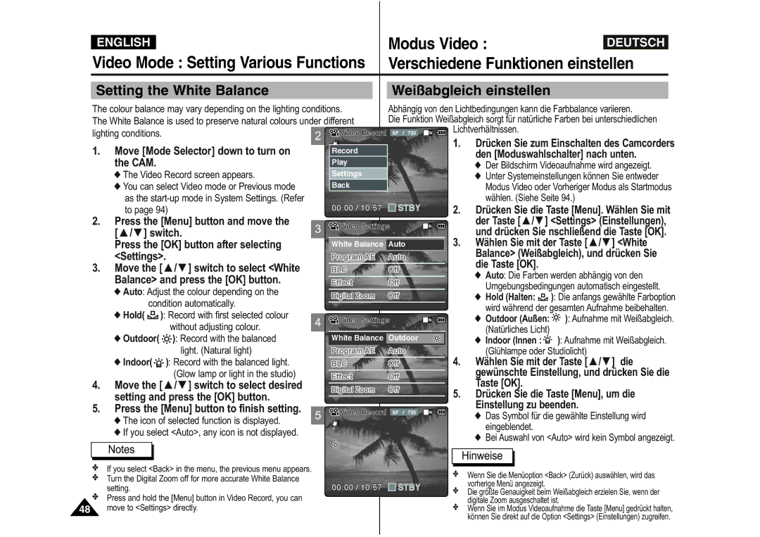 Samsung VP-M110B/XEV, VP-M110S/XET, VP-M110S/XEF, VP-M110B/XEF, VP-X110L/XEF, VP-M110R/XEF manual Setting the White Balance 