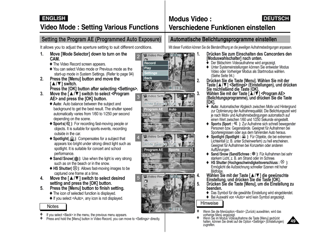 Samsung VP-M105B/XEV, VP-M110S/XET, VP-M110S/XEF, VP-M110B/XEF manual CAM.2, Press the Menu button and move the / switch 