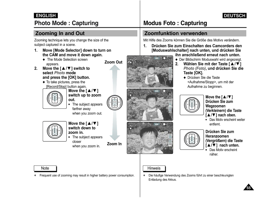 Samsung VP-M110S/XEF, VP-M110S/XET, VP-M110B/XEF, VP-X110L/XEF Photo Mode Capturing Modus Foto Capturing, Zooming In and Out 