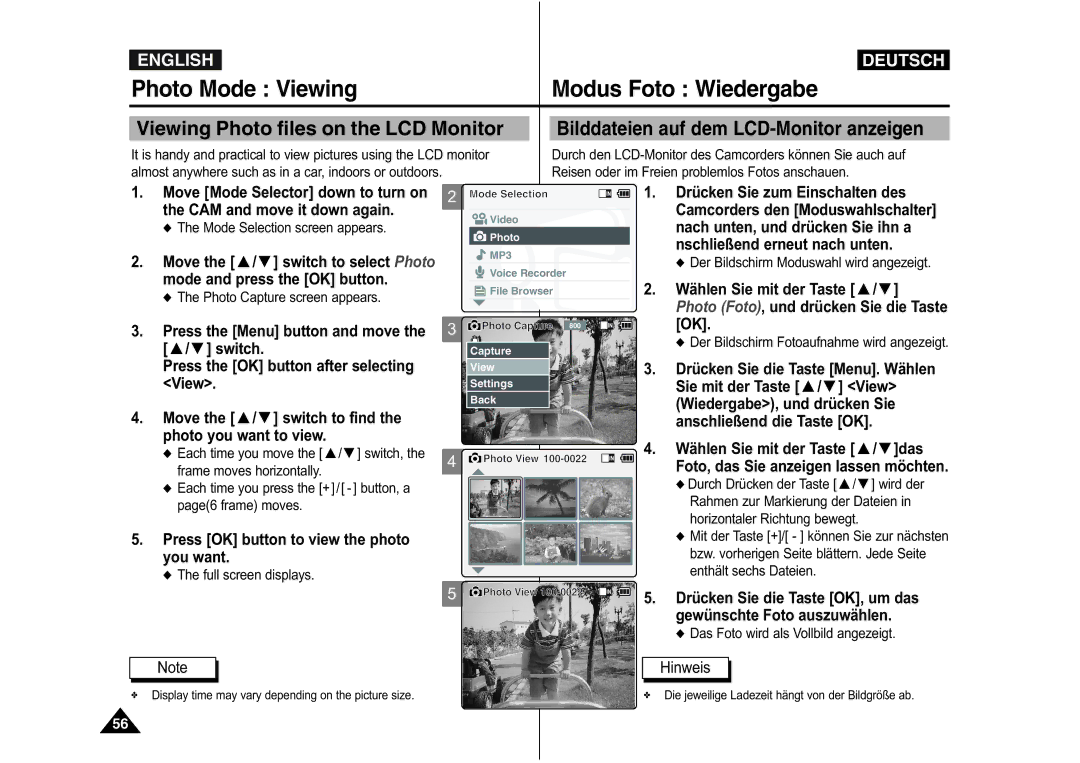 Samsung VP-M110B/XEF, VP-M110S/XET manual Photo Mode Viewing Modus Foto Wiedergabe, Viewing Photo files on the LCD Monitor 