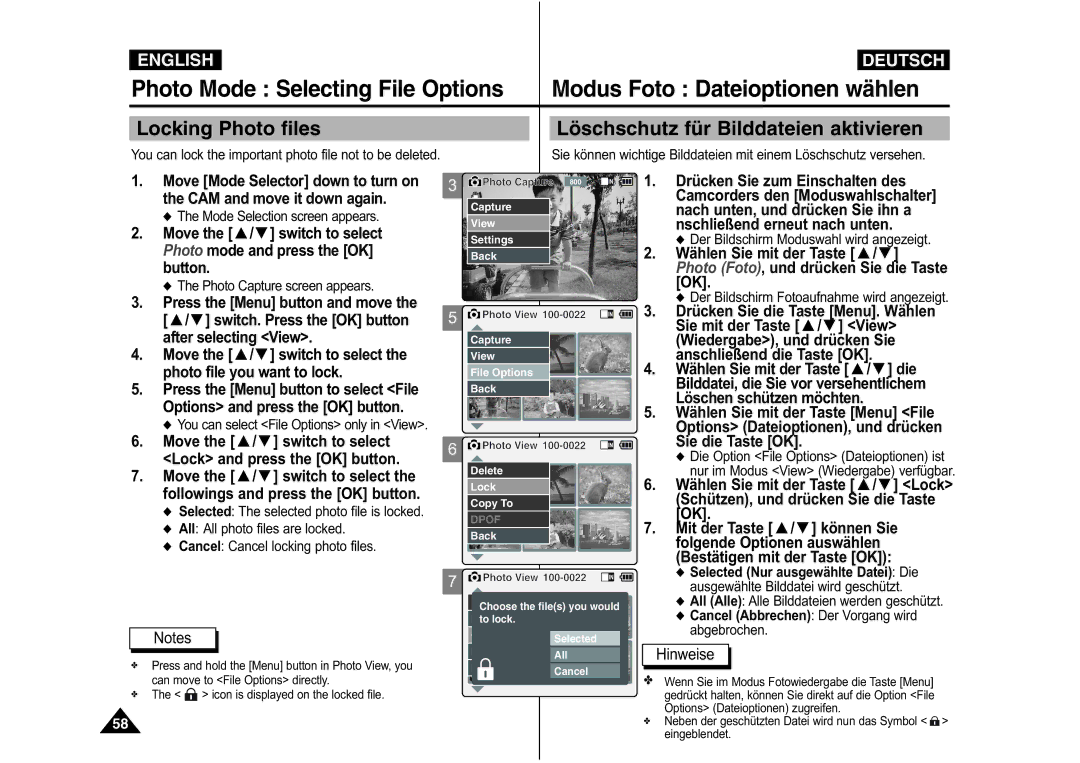 Samsung VP-M110R/XEF manual Locking Photo files Löschschutz für Bilddateien aktivieren, Schützen, und drücken Sie die Taste 