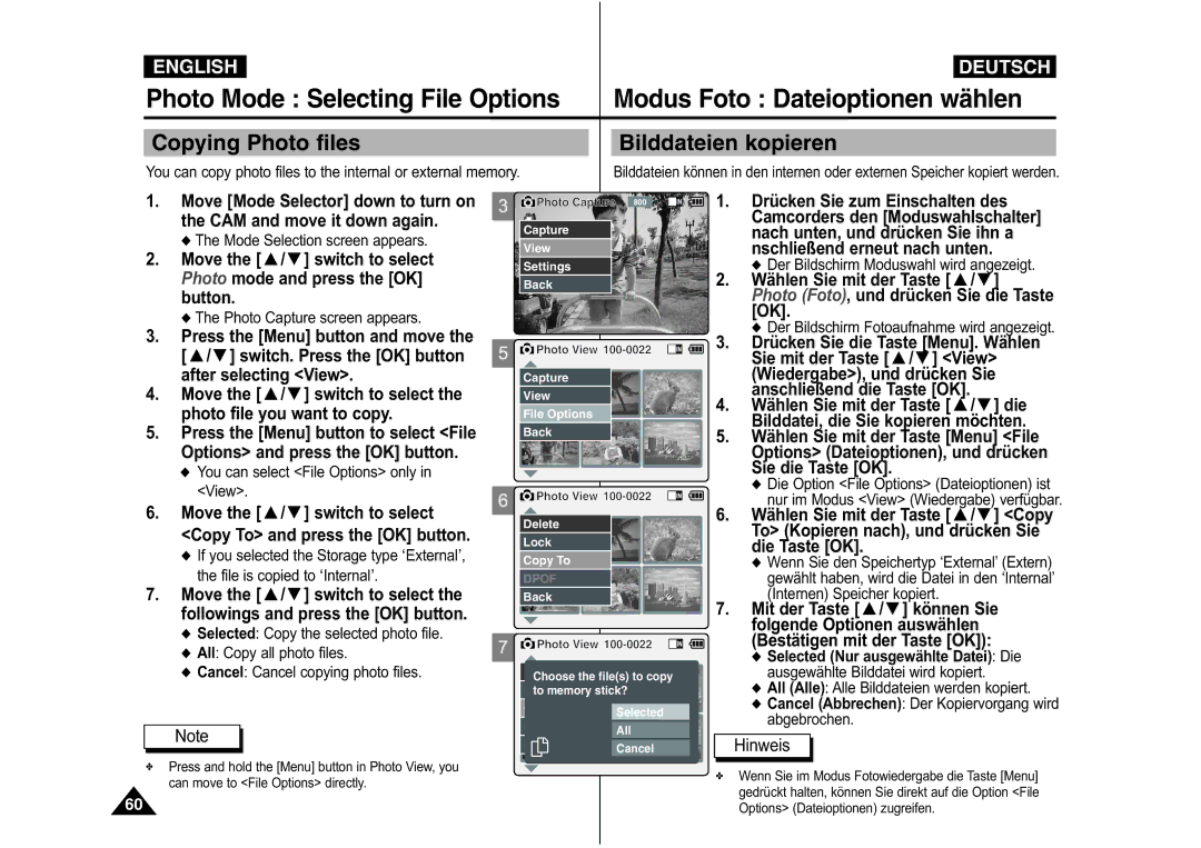 Samsung VP-M110SMEM Copying Photo files Bilddateien kopieren, Photo file you want to copy, Wählen Sie mit der Taste / Copy 