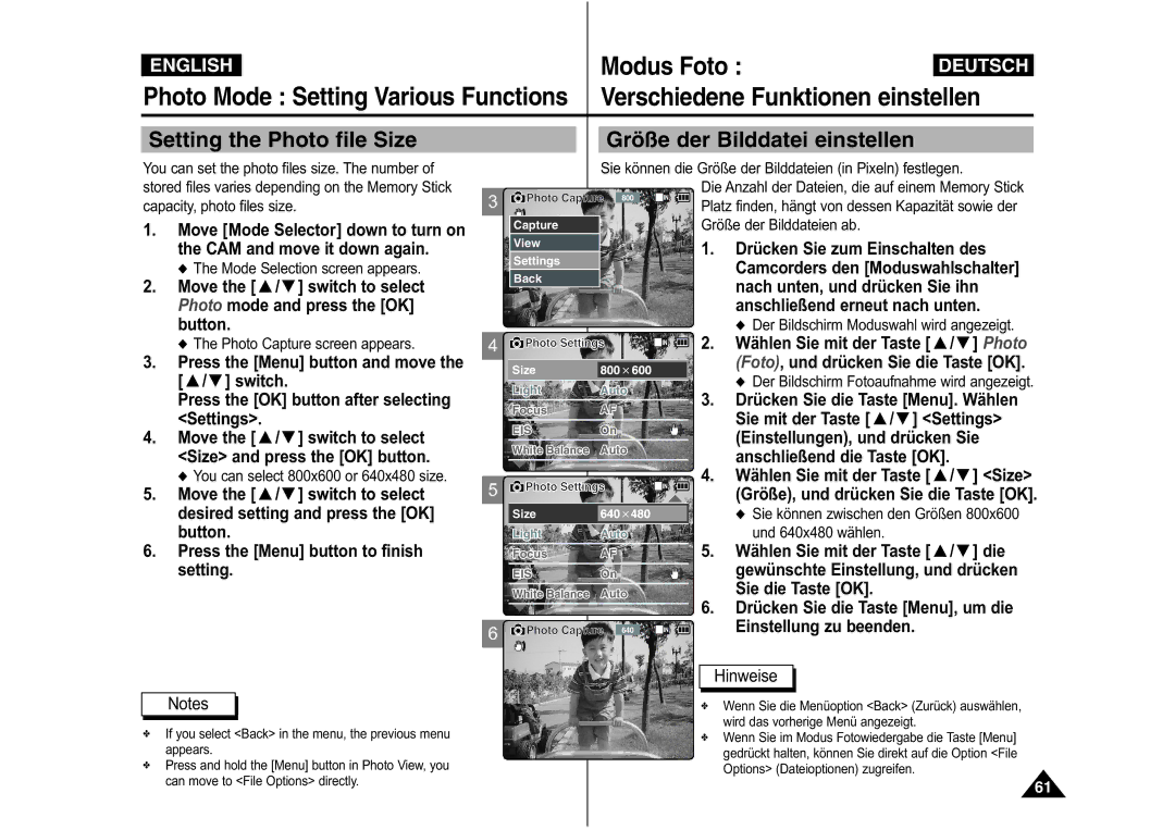 Samsung VP-M110BMEM manual Setting the Photo file Size, Größe der Bilddatei einstellen, Wählen Sie mit der Taste / Photo 