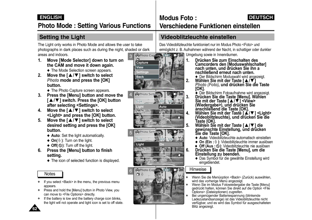 Samsung VP-M110B/XET, VP-M110S/XET, VP-M110S/XEF Setting the Light Videoblitzleuchte einstellen, After selecting Settings 