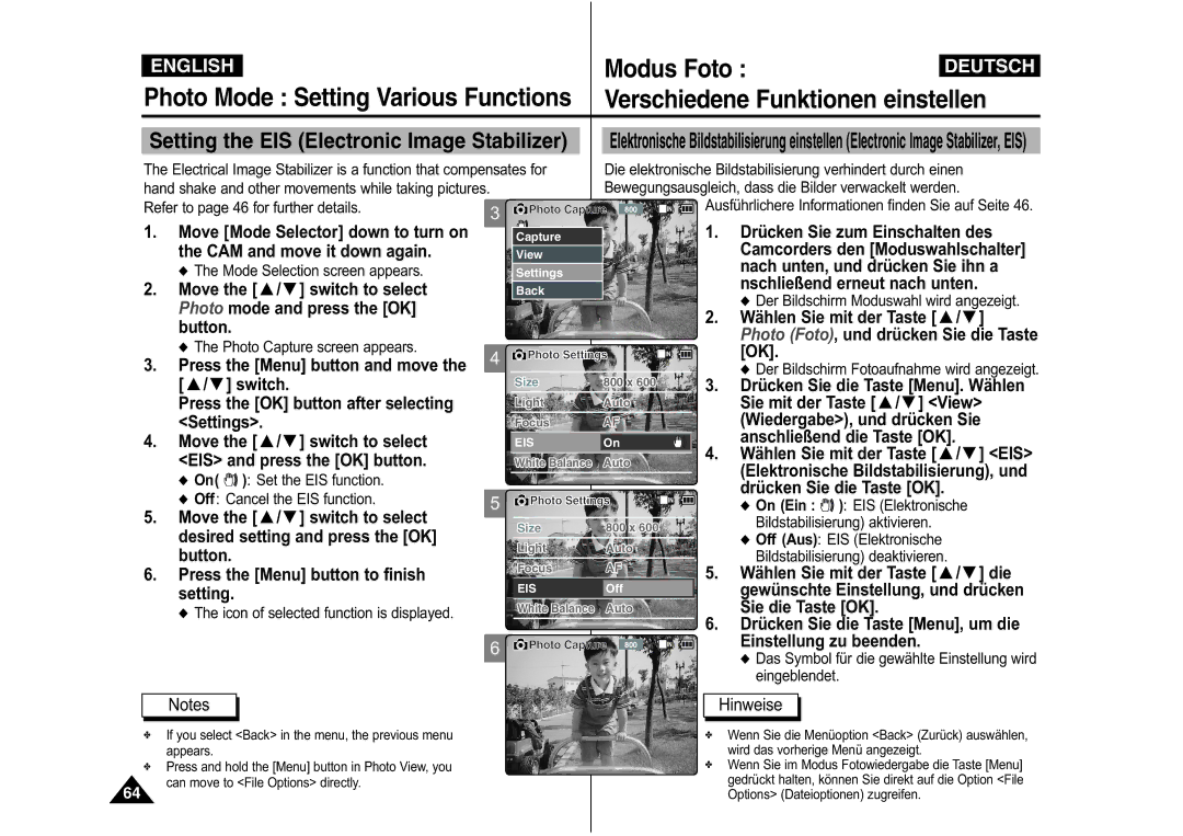 Samsung VP-X110L/XEC manual On Set the EIS function Off Cancel the EIS function, Icon of selected function is displayed 