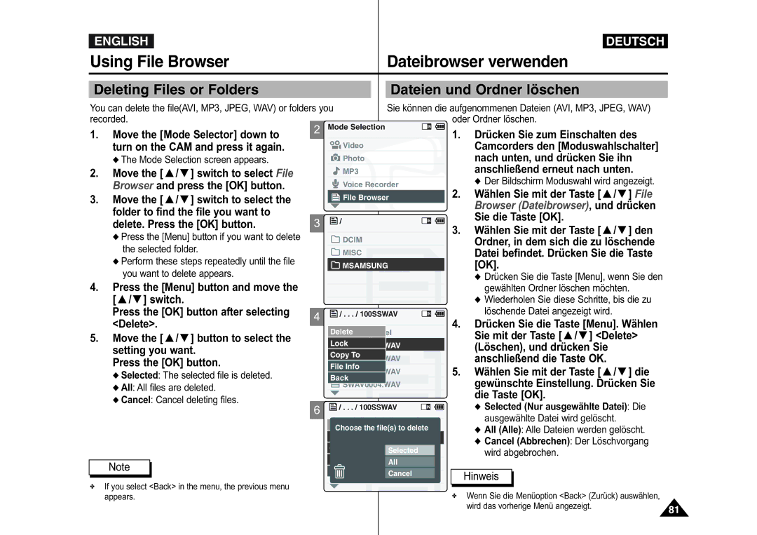 Samsung VP-M110S/KNT manual Using File Browser Dateibrowser verwenden, Deleting Files or Folders Dateien und Ordner löschen 