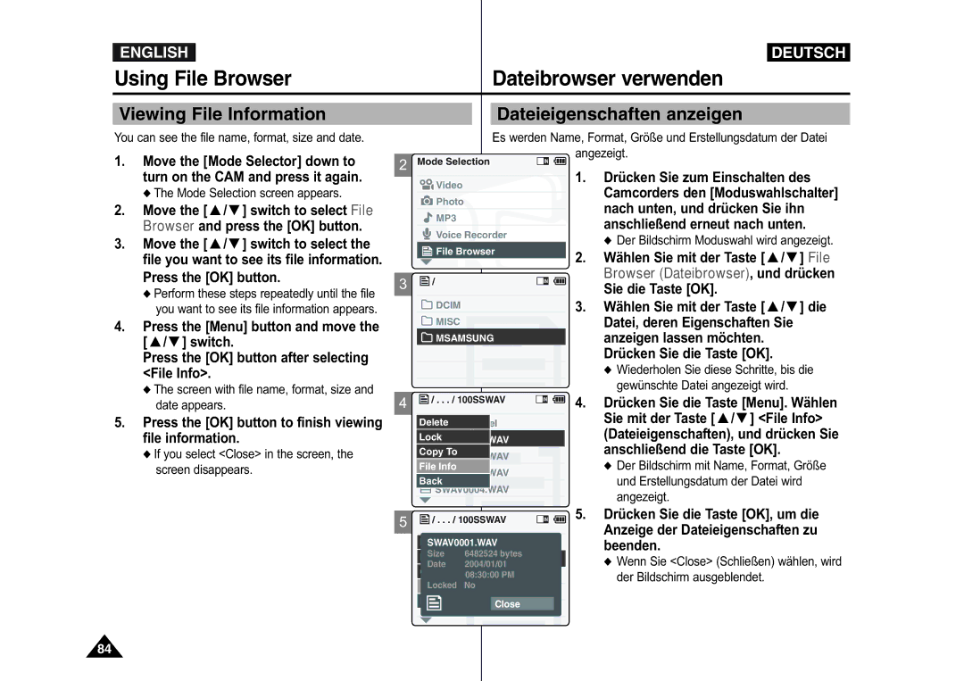 Samsung VP-X110L/XSG, VP-M110S/XET Viewing File Information, Dateieigenschaften anzeigen, Datei, deren Eigenschaften Sie 