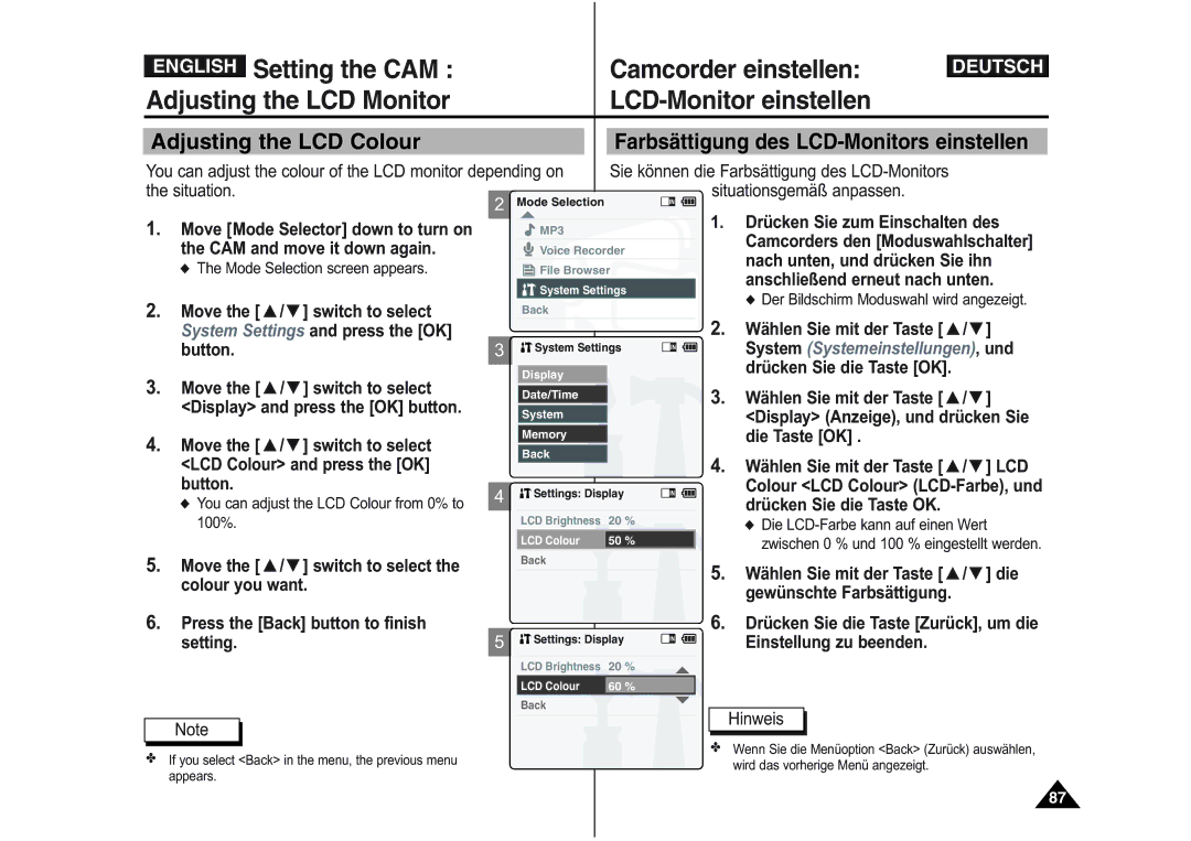 Samsung VP-M110S/AFR, VP-M110S/XET Setting the CAM Camcorder einstellen, Adjusting the LCD Monitor LCD-Monitor einstellen 