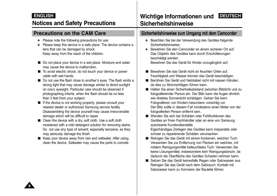 Samsung VP-M105B/XEC, VP-M110S/XET, VP-M110S/XEF, VP-M110B/XEF, VP-X110L/XEF Sicherheitshinweise, Precautions on the CAM Care 