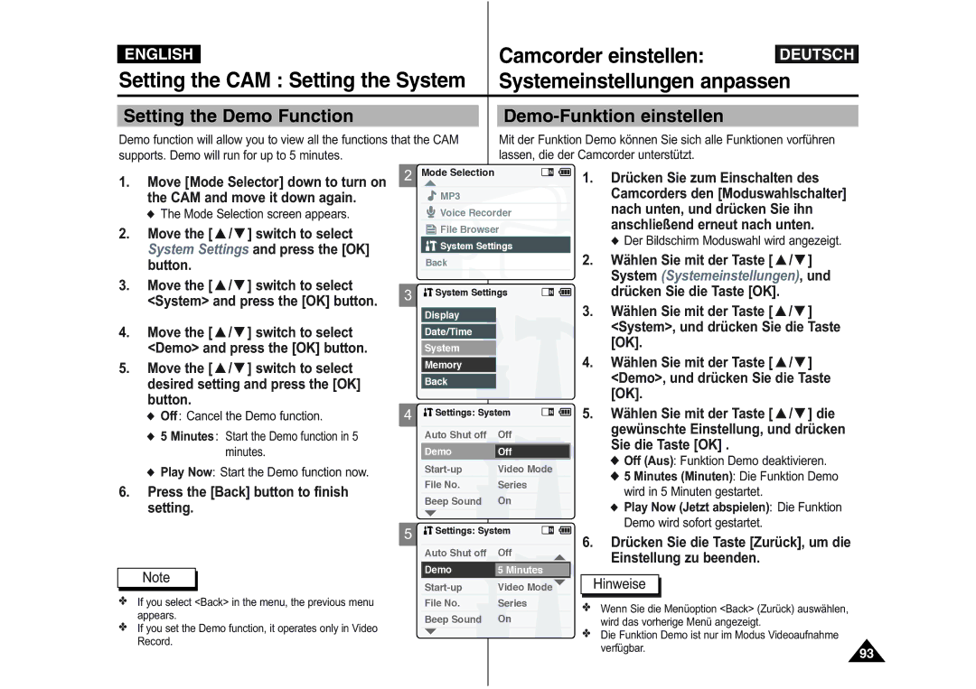 Samsung VP-X110L/XEH, VP-M110S/XET manual Setting the Demo Function Demo-Funktion einstellen, Off Cancel the Demo function 