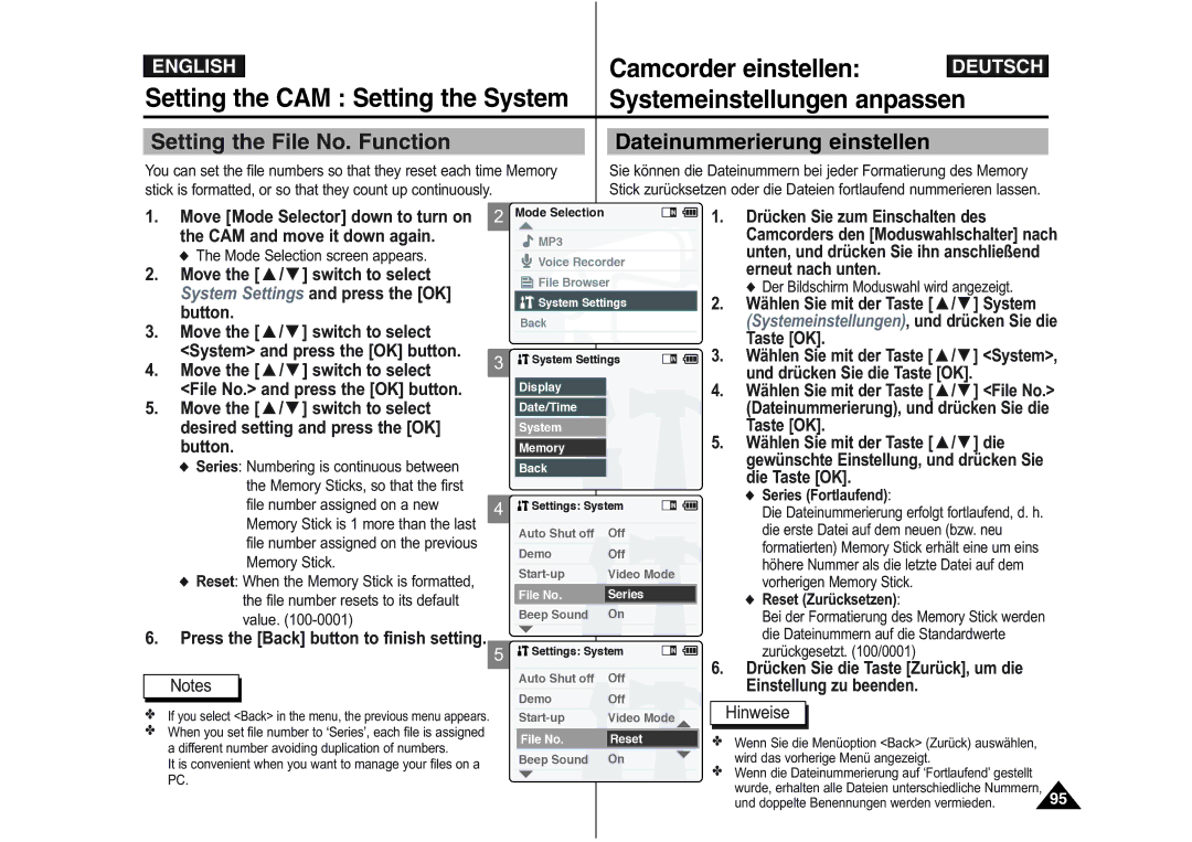 Samsung VP-M105S/XEE, VP-M110S/XET, VP-M110S/XEF, VP-M110B/XEF Setting the File No. Function Dateinummerierung einstellen 