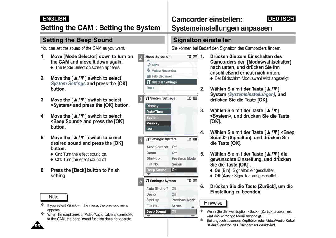 Samsung VP-M110S/XEE, VP-M110S/XET manual Setting the Beep Sound, Signalton einstellen, Sound Signalton, und drücken Sie 