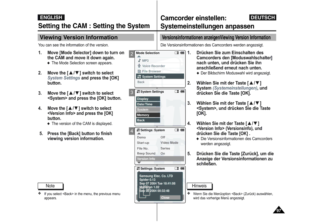 Samsung VP-M105S/SEO manual Version Info and press the OK, Viewing version information, Version of the CAM is displayed 