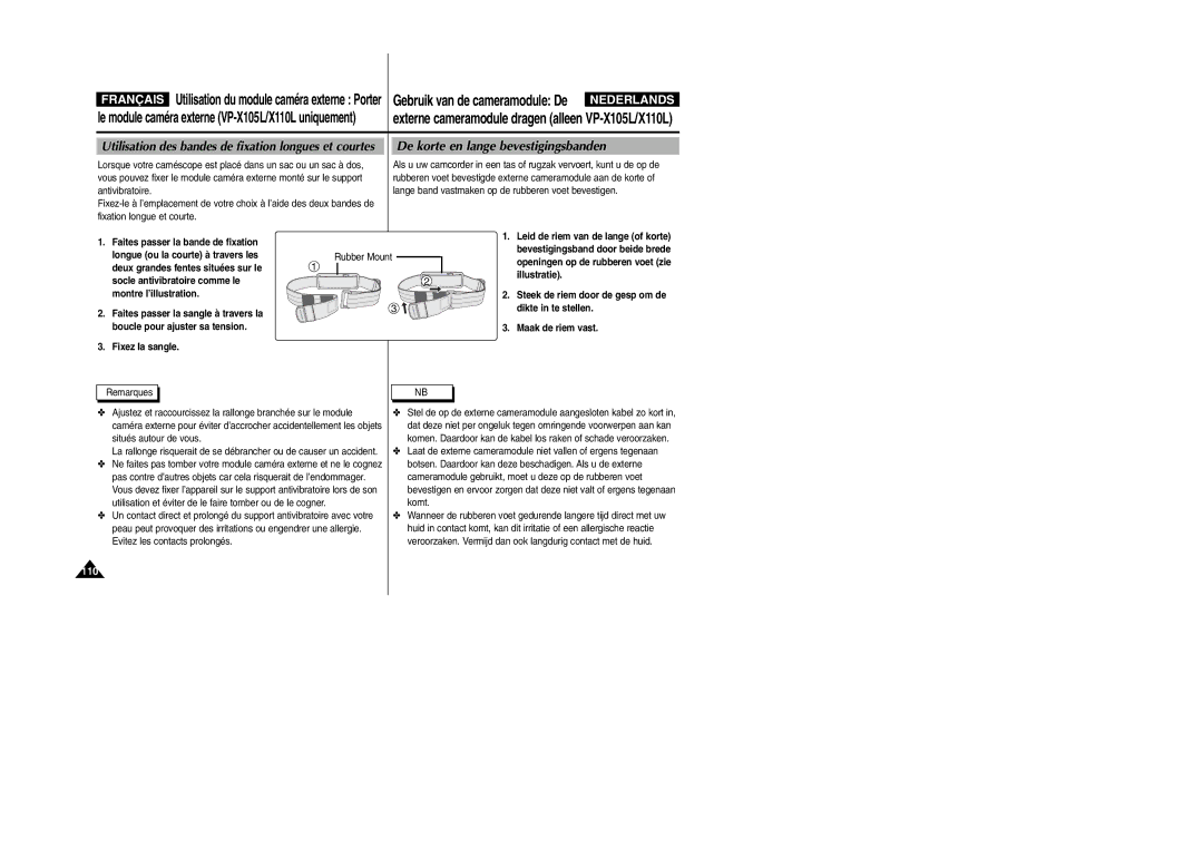 Samsung VP-M110S/XET manual Utilisation des bandes de fixation longues et courtes, Faites passer la bande de fixation 