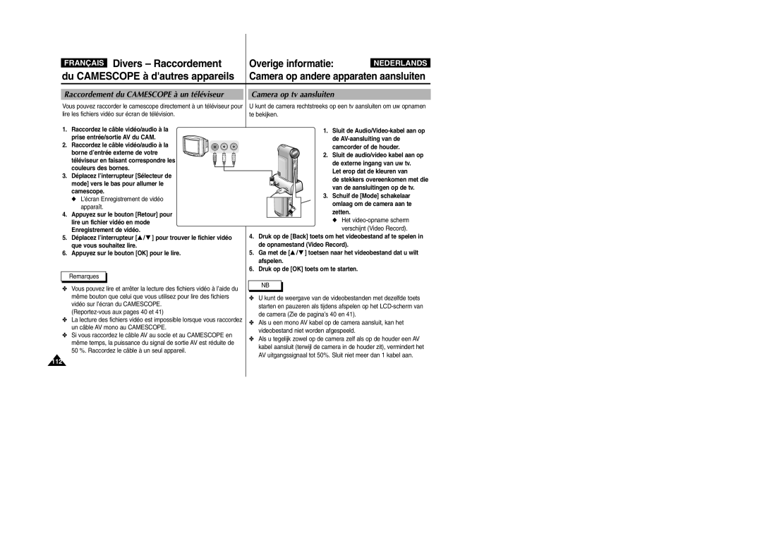 Samsung VP-M110B/XEF Français Divers Raccordement, Du Camescope à dautres appareils, Camera op andere apparaten aansluiten 